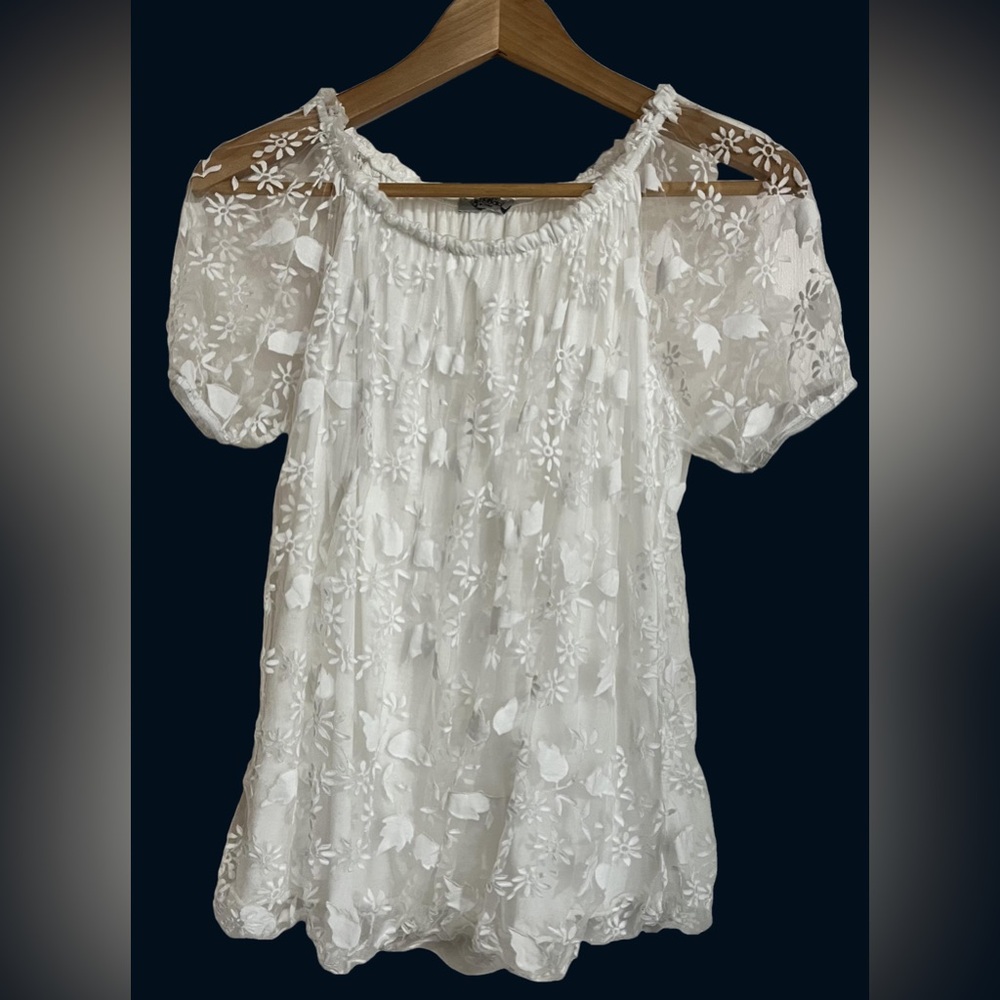 Elena Baldi sheer white top on solid lining with delicate floral motifs